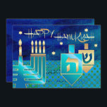 Lycklig Hanukkah. Anpassadets hälsningskort Julkort<br><div class="desc">Lycklig Hanukkah! Menorah,  Gold Foil Dreidels och David Design Star med uppgifter om guld-folie Hanukkah Greeting Cards/Hanukkah Firande inbjudningar med personlig text. Matchningskort och gåvor finns tillgängliga i de judiska Helgdagarna/Hanukkah-kategorin i vår butik.</div>