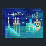 Lycklig Hanukkah. Anpassadets hälsningskort Julkort<br><div class="desc">Lycklig Hanukkah! Menorah,  Gold Foil Dreidels och David Design Star med uppgifter om guld-folie Hanukkah Greeting Cards/Hanukkah Firande inbjudningar med personlig text. Matchningskort och gåvor finns tillgängliga i de judiska Helgdagarna/Hanukkah-kategorin i vår butik.</div>