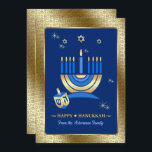Lycklig Hanukkah. Anpassadets hälsningskort Julkort<br><div class="desc">Lycklig Hanukkah. Stjärna för David och Menorah Gold Foil Design Anpassade Flat Hanukkah Greeting Cards/Hanukkah Firande Inbjudan med personlig namn och text. Matchningskort,  porto frimärke och andra produkter som finns tillgängliga i de judiska Helgdagarna/Hanukkah-kategorin i vår butik.</div>