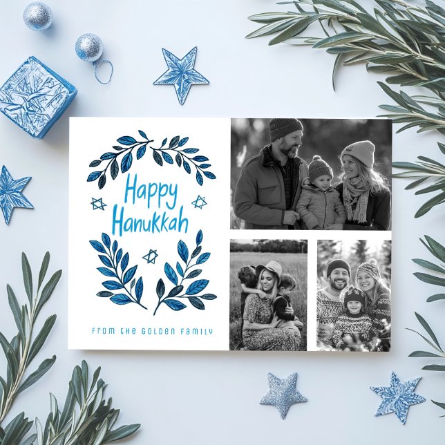 Lycklig Hanukkah ANPASSNINGSBAR 3 PHOTOS Grid Helg Kort (Happy Hanukkah CUSTOM PHOTOS Holiday Card
)