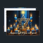 🕎 Lycklig Hanukkah, anpassningsbar Helg Vykort<br><div class="desc">I detta spännande illustration av Hanukkah växer en strålande firande ut med en magnifik guldstjärna av David som mittpunkt. Stjärnan lämnar en tidlös elegans, kastar en varm glöd och bjuder in glöd mot en bakgrund med en uppsättning ljusblå ljus. Blåblått och gult gungar harmoniskt och skapar ett fängslande spel av...</div>