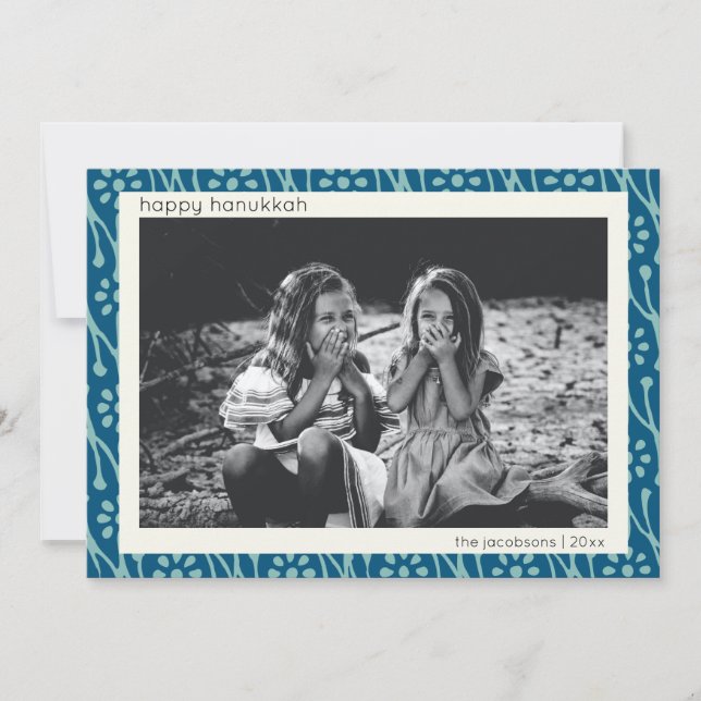 Lycklig Hanukkah Anpassningsbar Photo Blue Blommig Julkort (Framsida)
