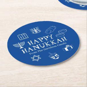 Lycklig Hanukkah, blå och vit anpassningsbar, nam Underlägg Papper Rund