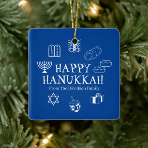 Lycklig Hanukkah, blå och vit anpassningsbar, namn Julgransprydnad Keramik