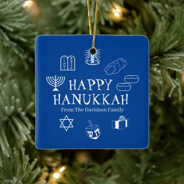 Lycklig Hanukkah, blå och vit anpassningsbar, namn Julgransprydnad Keramik (Träd)