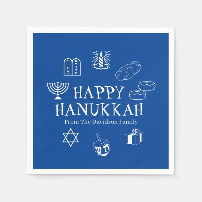 Lycklig Hanukkah, blå och vit anpassningsbar, namn Pappersservett (Framsidan)