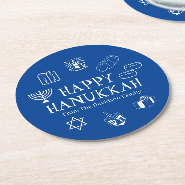 Lycklig Hanukkah, blå och vit anpassningsbar, namn Underlägg Papper Rund (Vinklad)