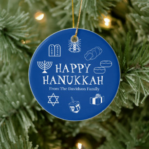 Lycklig Hanukkah, blå och vit benämning, gynnar Julgransprydnad Keramik