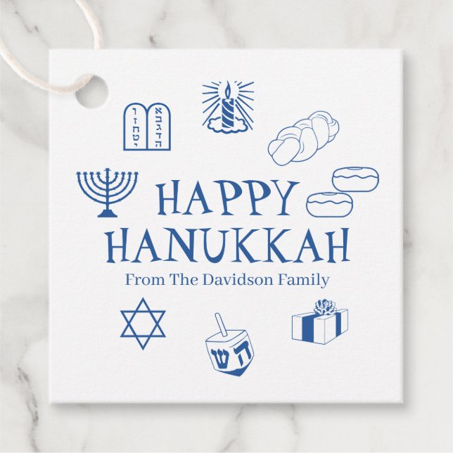 Lycklig Hanukkah blå vit anpassningsbar namn Gåvor Etiketter (Framsida)