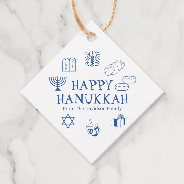 Lycklig Hanukkah blå vit anpassningsbar namn Gåvor Etiketter (Framsida)