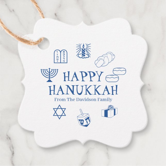 Lycklig Hanukkah blå vit anpassningsbar namn Gåvor Etiketter (Framsida)