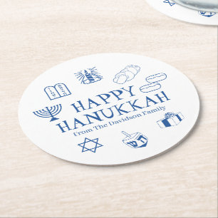 Lycklig Hanukkah blå vit anpassningsbar namn Underlägg Papper Rund