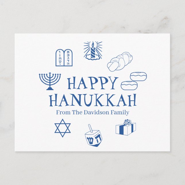 Lycklig Hanukkah blå vit anpassningsbar namn Vykort (Framsida)