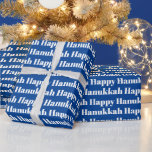 Lycklig Hanukkah blå vit modern typografiklapp Presentpapper<br><div class="desc">Lycklig Hanukkah,  blå och vit modern typografi,  mönster,  Papper. Vit mönster på blå bakgrund.</div>