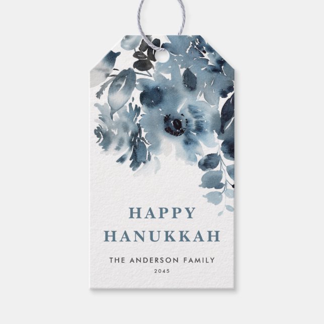 Lycklig Hanukkah Blåa blommor Presentetikett (Framsidan)