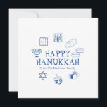 Lycklig Hanukkah-blått kort för den vita anpassnin<br><div class="desc">Lycklig Hanukkah,  anpassa hälsningskortet för familjen namn. Lycklig Hanukkah,  Lycklig Chanukah,  Hanukkah Sameach!,  Chag Sameach! Blått och vitt</div>