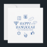 Lycklig Hanukkah-blått kort för den vita anpassnin<br><div class="desc">Lycklig Hanukkah,  anpassa hälsningskortet för familjen namn. Lycklig Hanukkah,  Lycklig Chanukah,  Hanukkah Sameach!,  Chag Sameach! Blått och vitt</div>