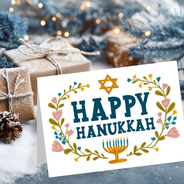 LYCKLIG HANUKKAH blommigt, judiskt Anpassade Kort (HAPPY HANUKKAH floral wreath Jewish Customizable Holiday Greeting Card
)