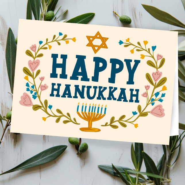 LYCKLIG HANUKKAH blommigt, judiskt Anpassade Kort (HAPPY HANUKKAH floral wreath Jewish Customizable Card
)