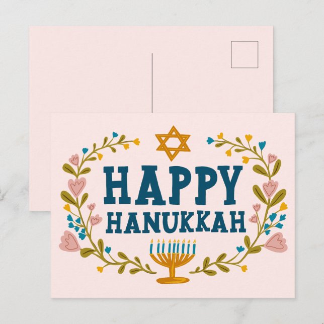 LYCKLIG HANUKKAH blommigt, judiskt Anpassade Vykort (Fram/baksida)