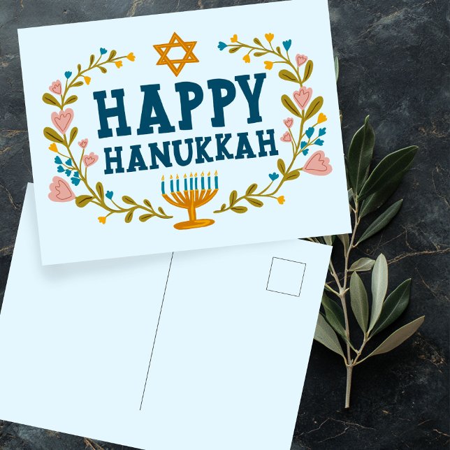 LYCKLIG HANUKKAH blommigt, judiskt Anpassade Vykort (HAPPY HANUKKAH floral wreath Jewish Customizable Postcard
)