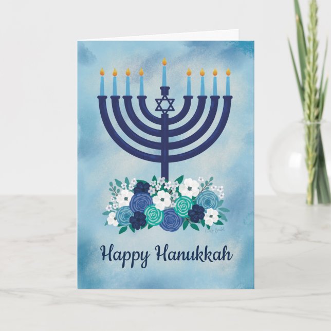 Lycklig Hanukkah Blommigt Menorah - tackkort (Framsida)