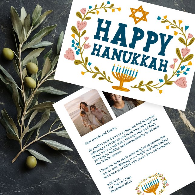 LYCKLIG HANUKKAH Blommigt WAN Menorah Anpassningsb Julkort (HAPPY HANUKKAH Floral Wreath Menorah Custom 2 Photos Collage Note Holiday Card
)