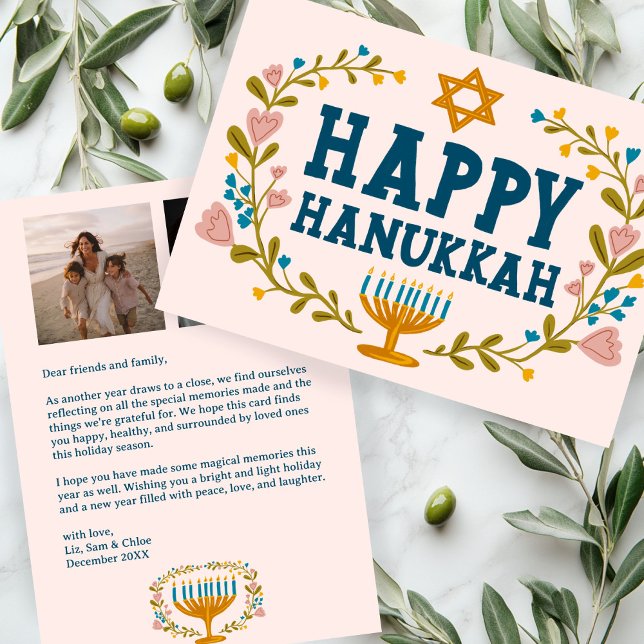LYCKLIG HANUKKAH Blommigt WAN Menorah Anpassningsb Julkort (HAPPY HANUKKAH Floral Wreath Menorah Custom 2 Photos Holiday Card
)