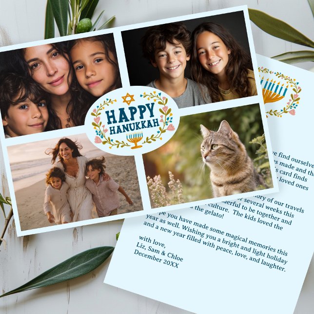 LYCKLIG HANUKKAH Blommigt WAN Menorah Anpassningsb Julkort (HAPPY HANUKKAH Floral Wreath Menorah Custom Photos Holiday Card
)