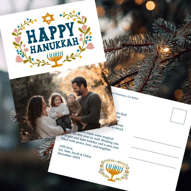 LYCKLIG HANUKKAH Blommigt WAN Menorah Anpassningsb Vykort (HAPPY HANUKKAH Floral Wreath Menorah Custom PHOTO Postcard
)