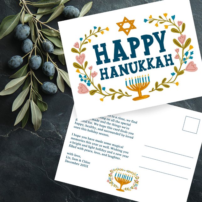 LYCKLIG HANUKKAH Blommigt WAN Menorah Anpassningsb Vykort (HAPPY HANUKKAH Floral Wreath Menorah Custom text Non-photo  Postcard
)