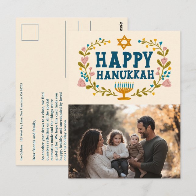LYCKLIG HANUKKAH Blommigt WAN Menorah Anpassningsb Vykort (Fram/baksida)