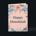 Lycklig Hanukkah-Blommigtens Rosa och blått Helgkort<br><div class="desc">Blommigten Blue and Rosa design,  kortet har en ljus rosa bakgrund och Lycklig Hanukkah skriven i fetstil blue brev. Insidan av kortet har ljus rosa bakgrund och skrivs med ett böjligt blått teckensnitt. Köp din idag! Clipart: AMBillustrations http://www.etsy.com/shop/AMBillustrations/</div>