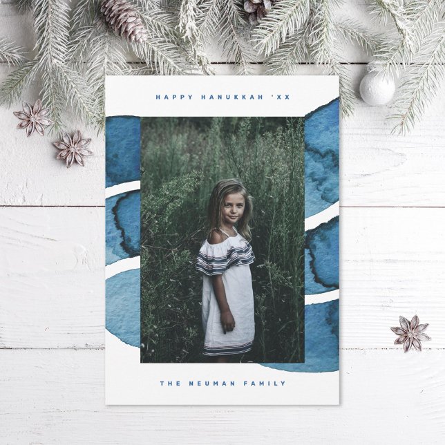 Lycklig Hanukkah Blue Brushed Jewish Helgdag Photo Julkort (Skapare uppladdad)