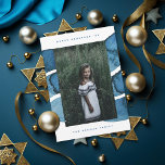 Lycklig Hanukkah Blue Brushed Jewish Helgdag Photo Julkort<br><div class="desc">Redigera och anpassa om du vill ändra namn,  år och typsnitt,  färg i ram och meddelande på baksidan. Anpassa ytterligare om du vill lägga till mer text eller fler foton på baksidan.</div>