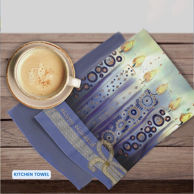 Lycklig Hanukkah Blue Candles Kökshandduk (Happy Hanukkah Blue Candles Kitchen Towel)