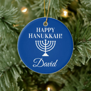 Lycklig Hanukkah blue menorah anpassningsbar Judis Julgransprydnad Keramik