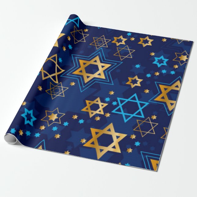 Lycklig Hanukkah Blue Star of David Menorah Presentpapper (Utrullad)