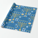 Lycklig Hanukkah Blue Star of David Menorah Presentpapper<br><div class="desc">Lycklig Hanukkah,  ljus,  David,  Menorah stjärna,  blå mönster-papper.</div>