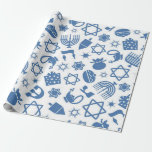 Lycklig Hanukkah Blue Star of David Menorah Wrappi Presentpapper<br><div class="desc">Lycklig Hanukkah,  ljus,  David,  Menorah stjärna,  blå mönster-papper.</div>