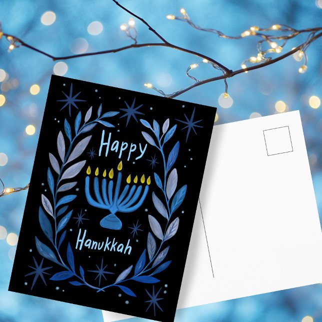 Lycklig Hanukkah Botanical Menorah Watercolor Helg Vykort (Happy Hanukkah Botanical Menorah Watercolor Holiday Postcard
)
