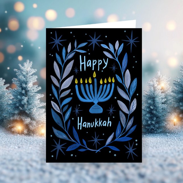 Lycklig Hanukkah Botanical Menorah Watercolor Helgkort (Happy Hanukkah Botanical Menorah Watercolor Holiday Card
)