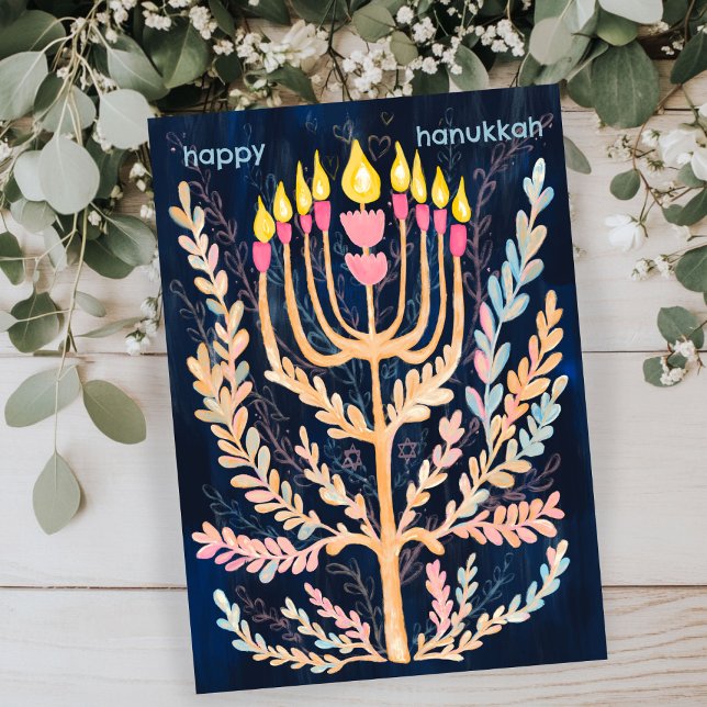 Lycklig Hanukkah Botanical Menorah Watercolor Julkort (Happy Hanukkah Botanical Menorah Watercolor Holiday Flat Card
)
