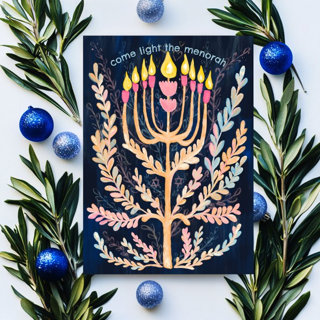 Lycklig Hanukkah Botanical Menorah Watercolor Julkort (Happy Hanukkah Botanical Menorah Watercolor Holiday Card
)