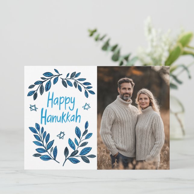 Lycklig Hanukkah Botanical Watercolor ANPASSNINGSB Kort (Stående Fram)