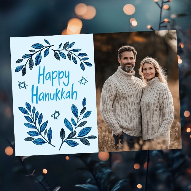 Lycklig Hanukkah Botanical Watercolor ANPASSNINGSB Kort (Happy Hanukkah Botanical Watercolor Modern CUSTOM PHOTO Card
)