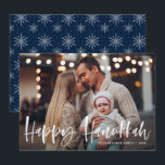 Lycklig Hanukkah Brush Lettering Photo Julkort<br><div class="desc">Lycklig Hanukkah! Skicka helgdag önskemål och hälsning med det här platta helgdag. Den innehåller "Lycklig Hanukkah" i penselhandsbokstäver. Anpassa det här helgdag-kortet genom att lägga till ditt favoritfoto,  hälsning,  namn och annan information. Finns som ett platta kort,  ett vikt kort och ett vykort.</div>