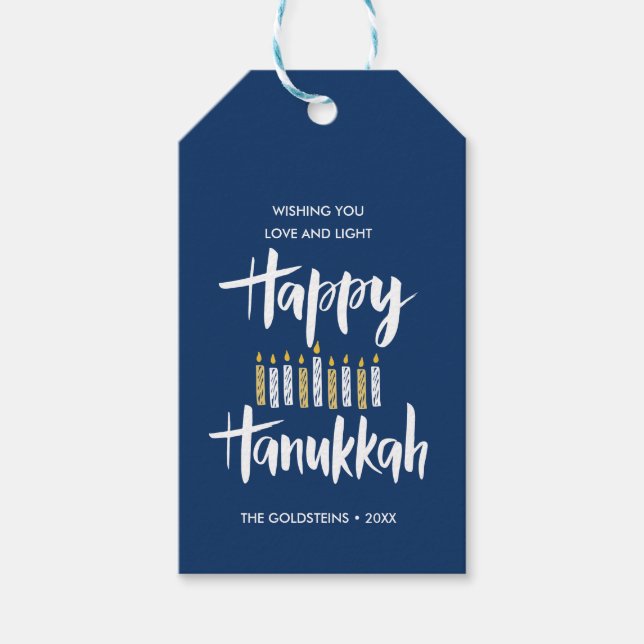Lycklig Hanukkah Candles Blue anpassningsbar helgd Presentetikett (Framsidan)