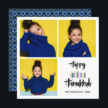 Lycklig Hanukkah Candles | Helgdagar 3 foton Inbjudningar<br><div class="desc">Festive Hanukkah Helgdag-fotohälsningskort med tre av ditt personliga foto och "lycklig hanukkah" i handskrivet stil-penseltypografi och ljus i blad och gulter. Anpassa anpassningsbarna med ditt namn och år. Kort bakåt till en mönster av vita stjärnor och gulter på en koordinerad blå bakgrund.</div>