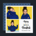 Lycklig Hanukkah Candles | Helgdagar 3 foton Inbjudningar<br><div class="desc">Festive Hanukkah Helgdag-fotohälsningskort med tre av ditt personliga foto och "lycklig hanukkah" i handskrivet stil-penseltypografi och ljus i blad och gulter. Anpassa anpassningsbarna med ditt namn och år. Kort bakåt till en mönster av vita stjärnor och gulter på en koordinerad blå bakgrund.</div>